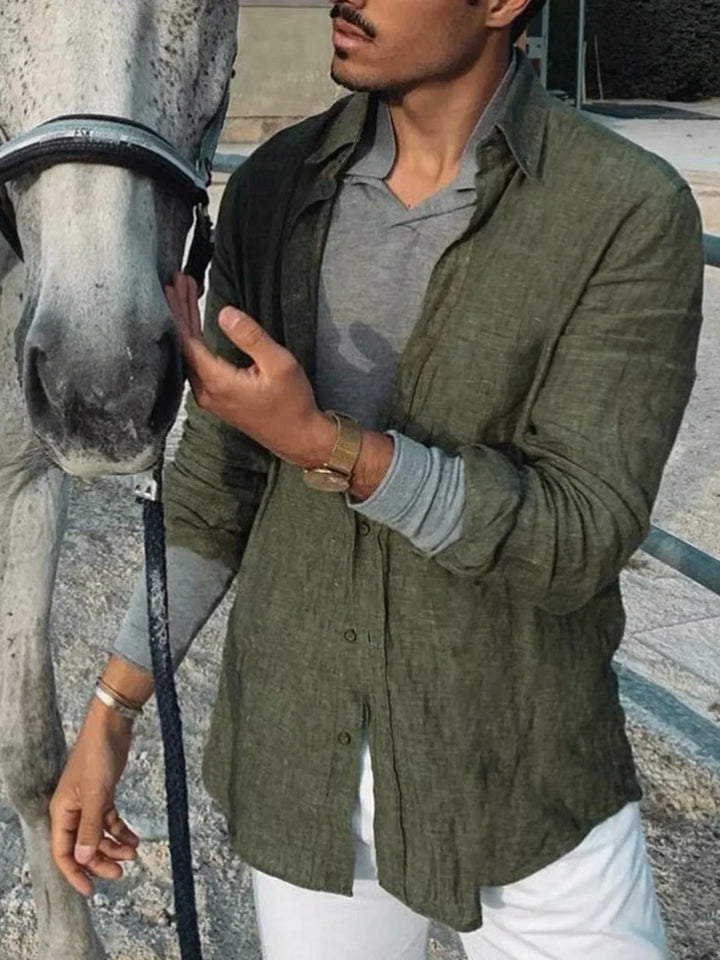 "Ademend linnen overhemd heren, groen, wit, knoopsluiting, stijlvolle casual look, lichtgewicht, ideaal voor warme dagen"