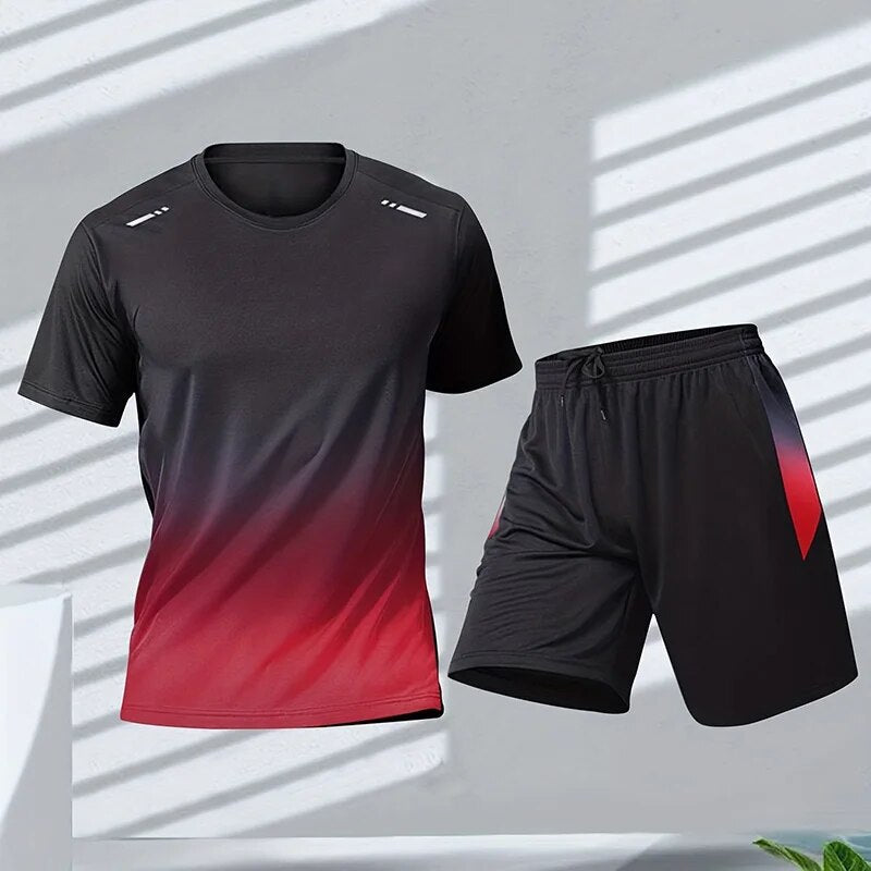 "Ademende sneldrogende heren sportset met kleurverloopprint, shirt en korte broek voor optimale prestaties en stijl."