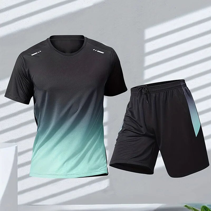 "Ademende sneldrogende heren sportset met kleurverloopprint, shirt en korte broek voor optimale prestaties en stijl."