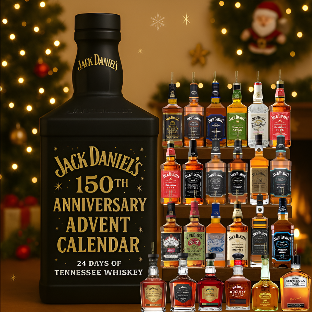 Close-up van Adventskalender 2025, toont gedetailleerde kerstdecoratie en miniatuur flesjes achter deurtjes.
