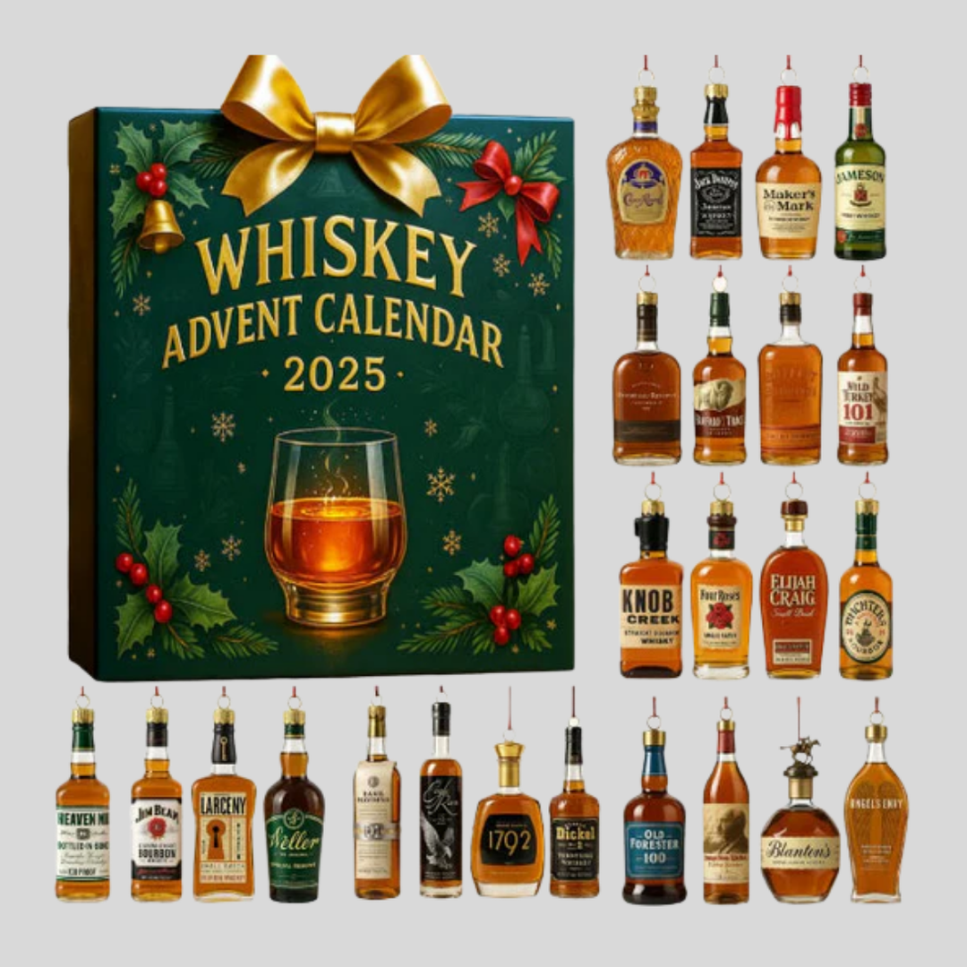 Sfeervolle afbeelding van Adventskalender 2025 decoratie met diverse miniatuur flesjes uitgelicht.