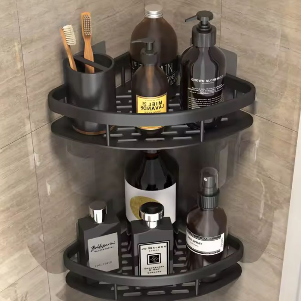 Zelfklevend badkamerrek van duurzaam aluminium voor shampoo en zeep.