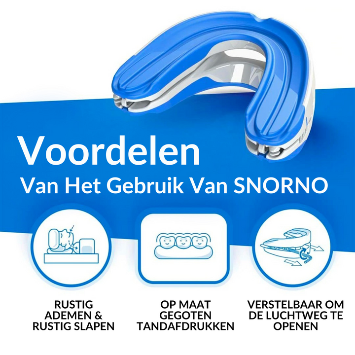 Een close-up van de anti-snurk beugel, benadrukt het innovatieve en comfortabele mondstuk ontwerp.