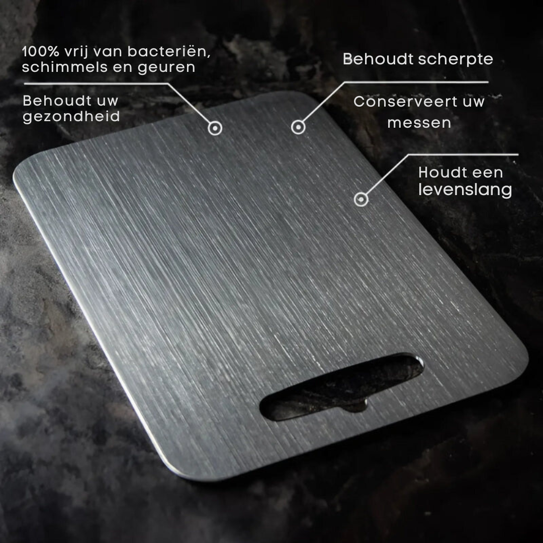"Antibacteriële RVS snijplank met ergonomisch handvat, roestvrij en hygiënisch, ideaal voor elke moderne keuken."