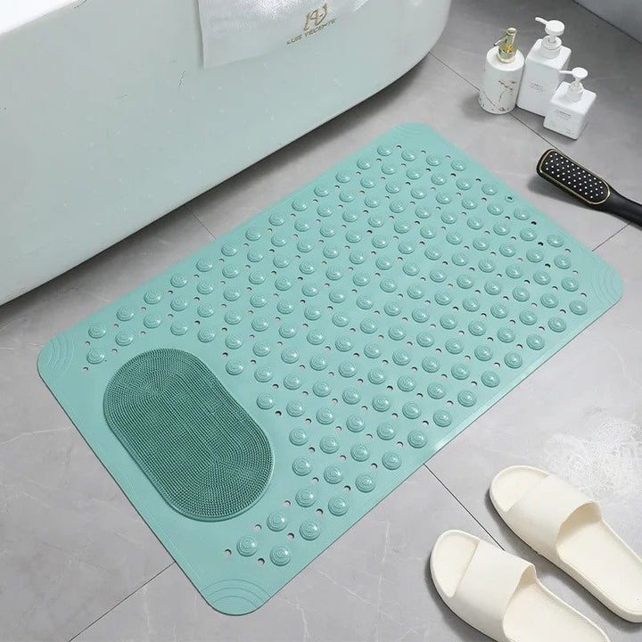 "Antislip douchemat met voetscrubber, blauw PVC met zuignappen en drainagegaten voor veiligheid en comfort in de badkamer."