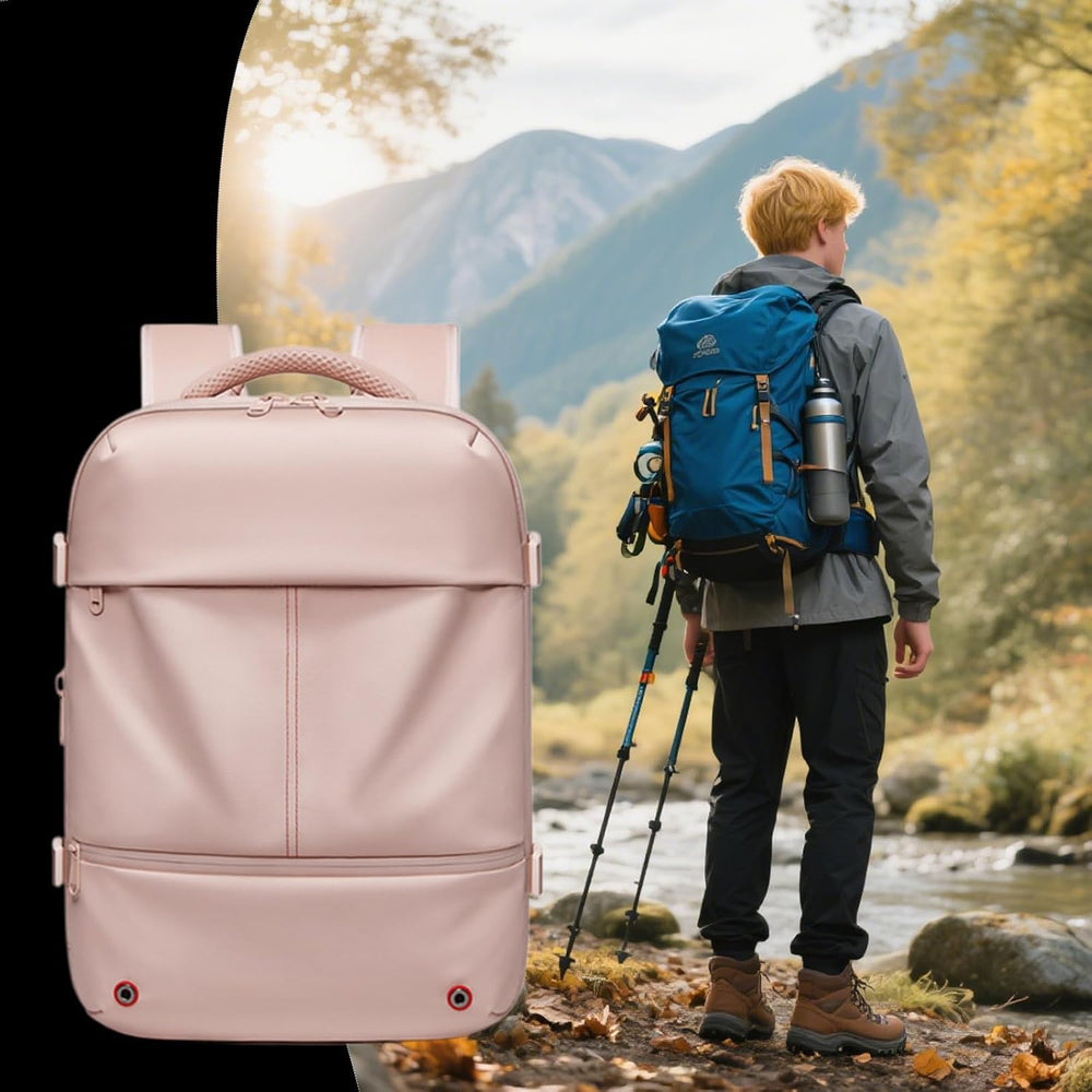 Duurzame Arvid backpack: uitbreidbaar, waterdicht en met vacuümcompressie voor compact reizen.