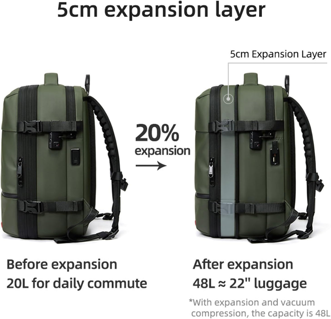 Duurzame Arvid travel backpack, uitbreidbaar en waterdicht, met handige vacuümcompressie.