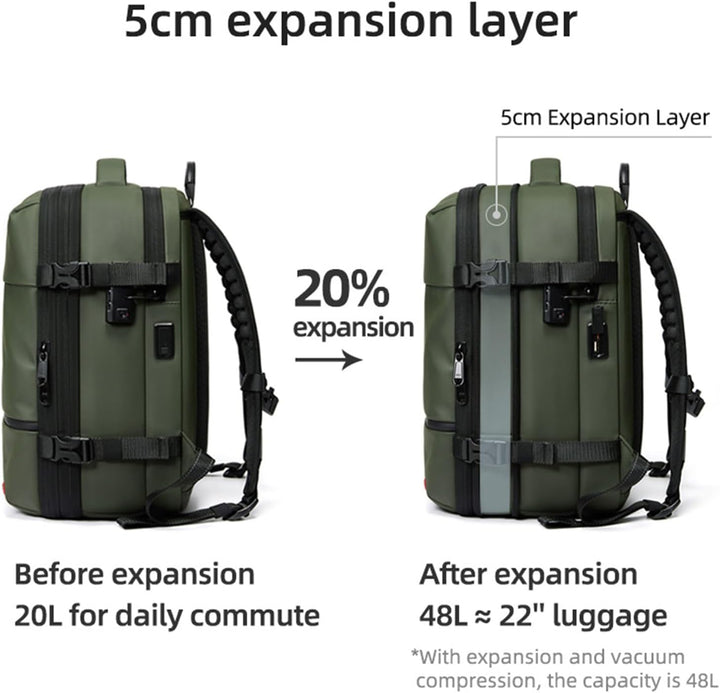 Duurzame Arvid travel backpack, uitbreidbaar en waterdicht, met handige vacuümcompressie.