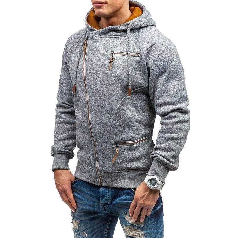 "Asymmetrische heren hoodie, stijlvol ontwerp met ritssluiting en voorzakken, perfect voor modieuze herfstdagen."