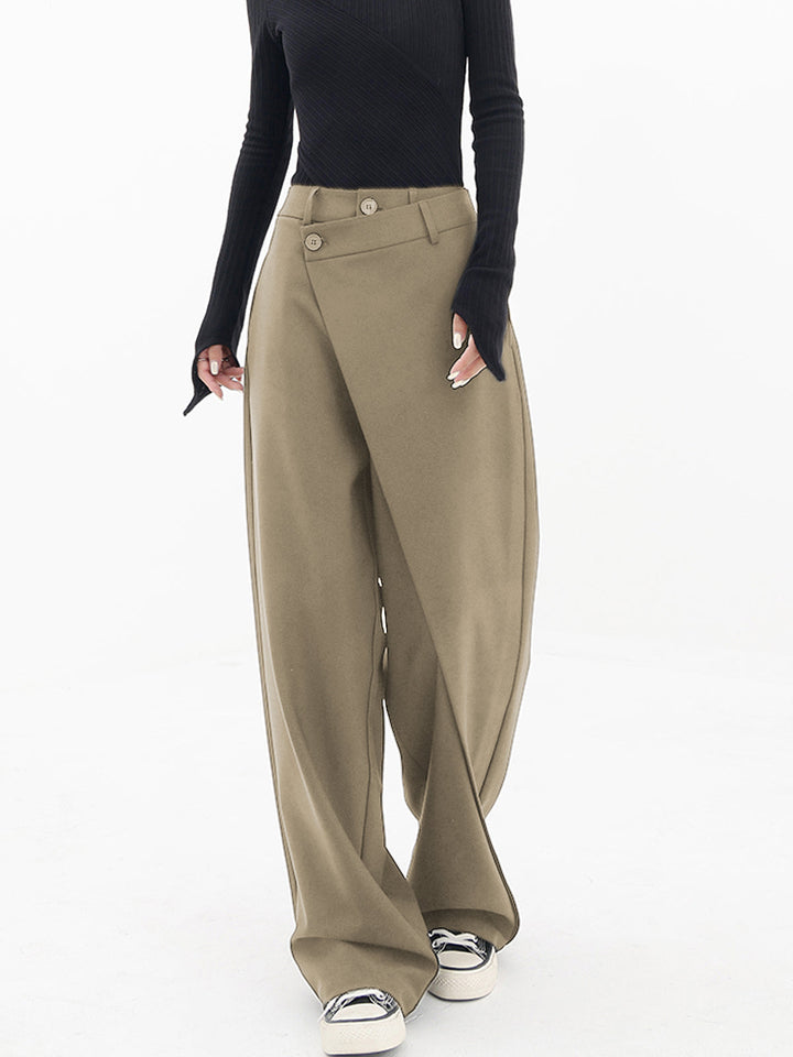 Dames asymmetrische wijde broek Noa met dubbele knoop, comfortabel en modieus voor dagelijks gebruik en streetwear.