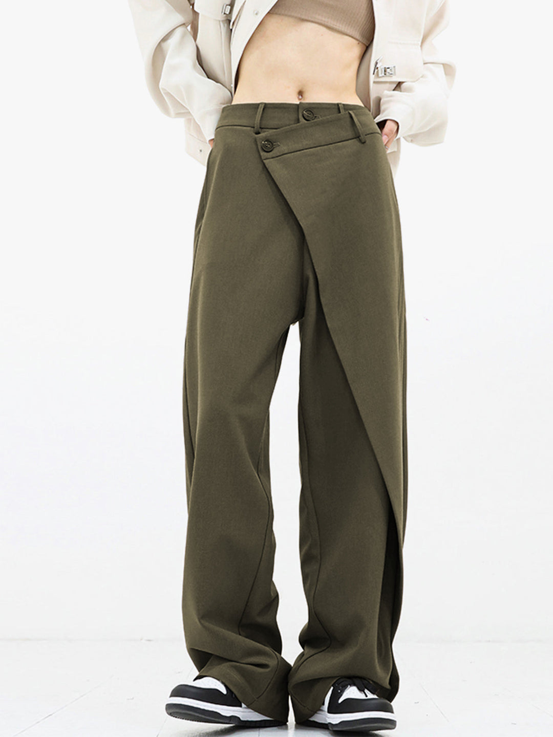 Trendy Noa asymmetrische wijde broek voor dames, met opvallende dubbele knoop, een must-have voor fashionista's.