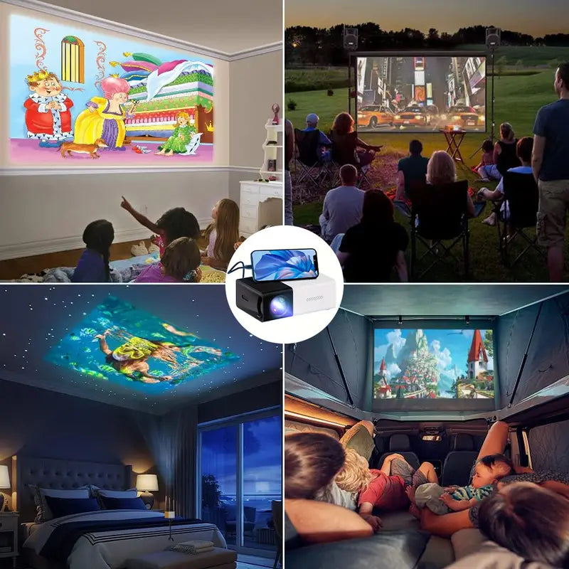 Sfeerbeeld van de Aurora LED miniprojector die een levendig beeld weergeeft in een verduisterde kamer.