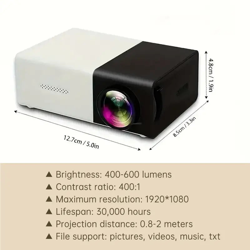 Zijaanzicht draagbare Aurora projector met HDMI en USB-poorten, perfect voor presentaties.