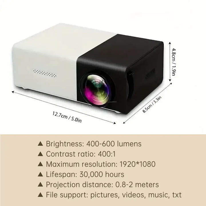 Zijaanzicht draagbare Aurora projector met HDMI en USB-poorten, perfect voor presentaties.
