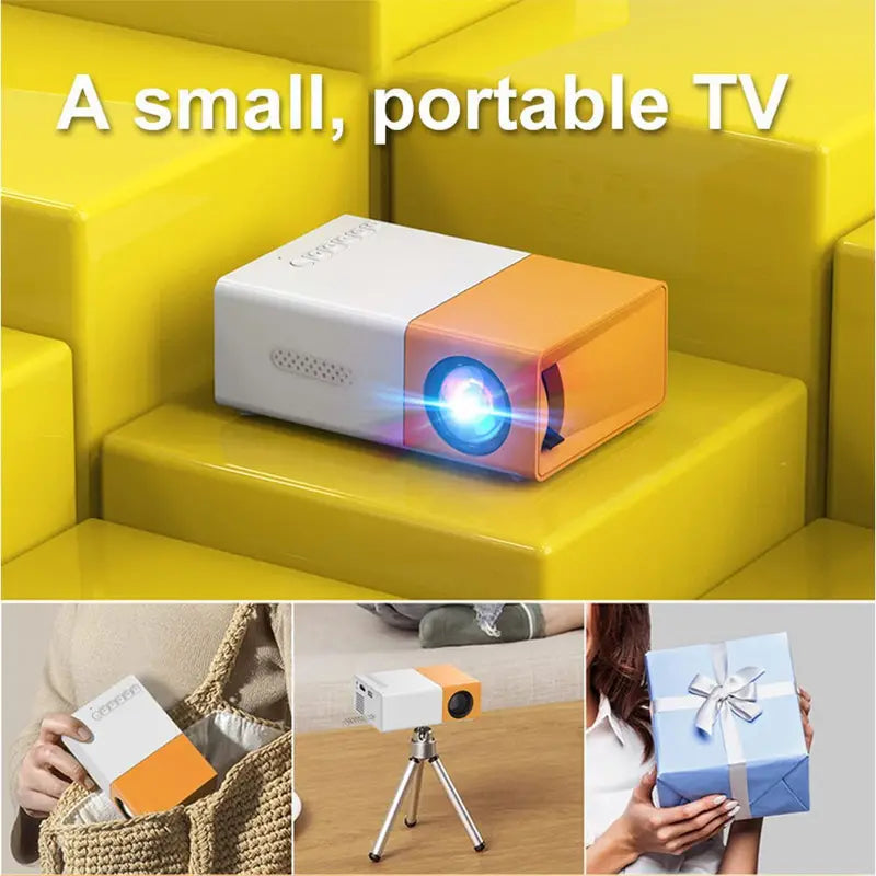 Aurora miniprojector projecteert film op muur, creëert thuisbioscoopervaring met ingebouwde speakers.