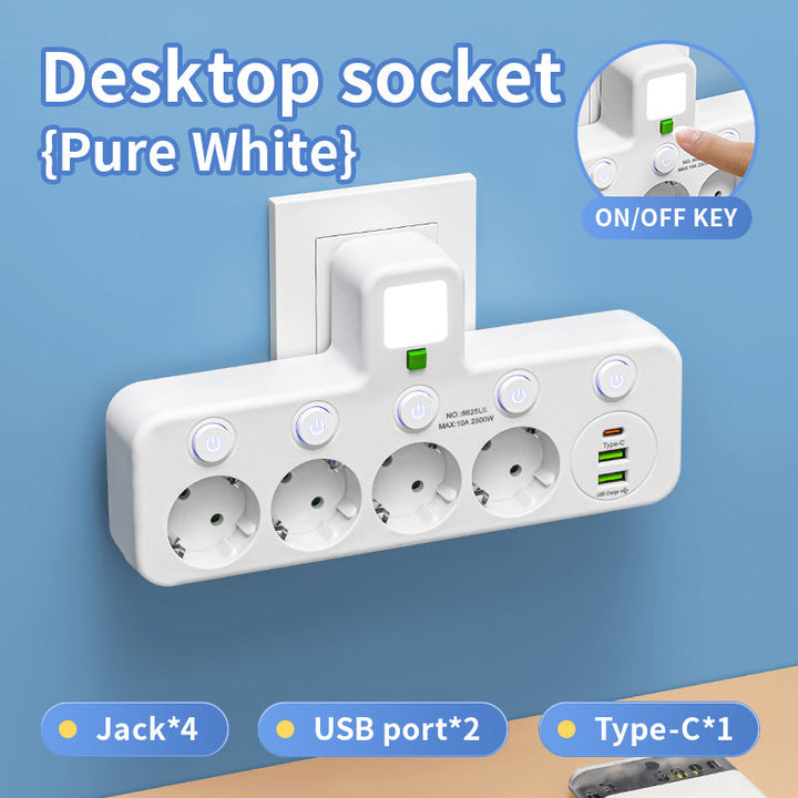 Aurora Wonen draaibare stekkerdoos met 3 stopcontacten, USB-A en USB-C poorten, ideaal voor wandmontage.