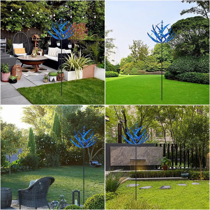 Gedetailleerde foto van een decoratieve tuin windspinner van metaal, perfecte tuinaccessoire voor buitenleven.