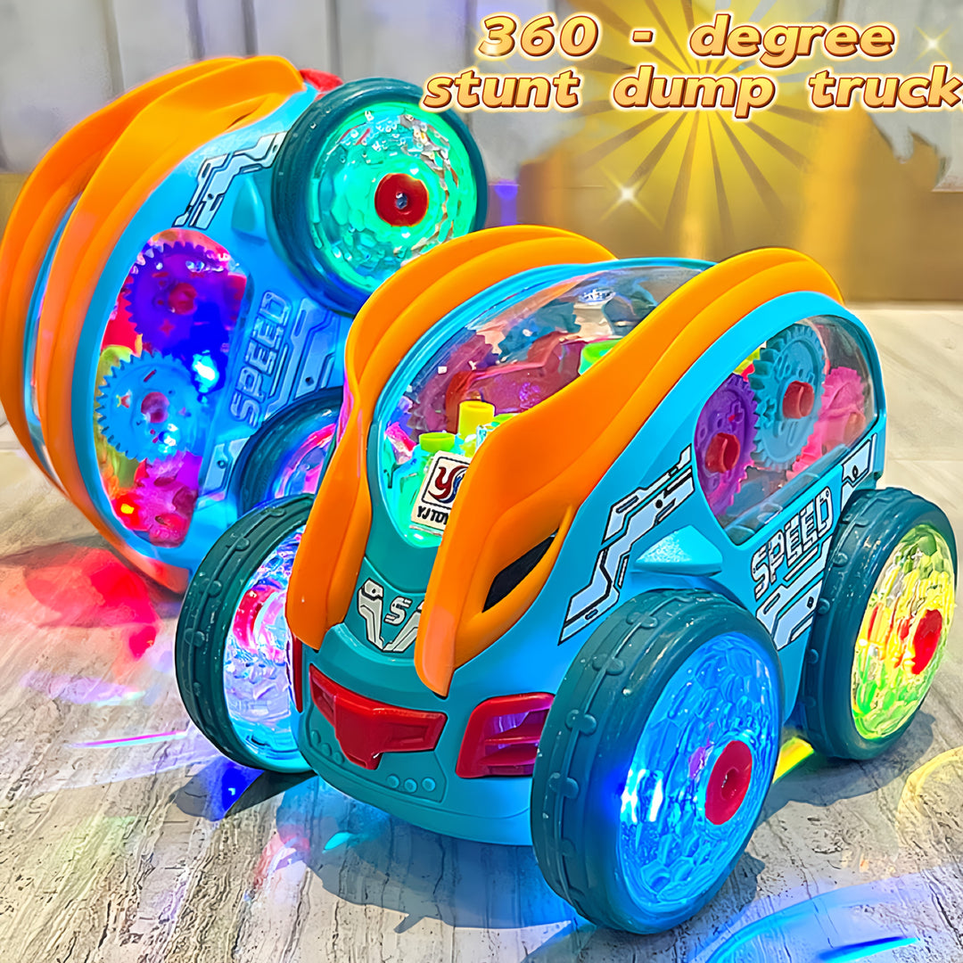"Automatische blauwe kiepwagen met kleurrijke LED-verlichting en muziek, veilig ontwerp voor kinderen, stimuleert spelplezier