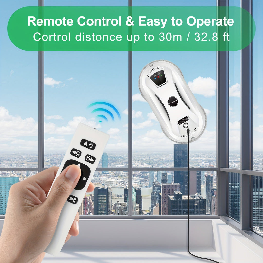 "Automatische raamreiniger met microvezel pads en afstandsbediening voor streeploze glans, geschikt voor grote ramen."