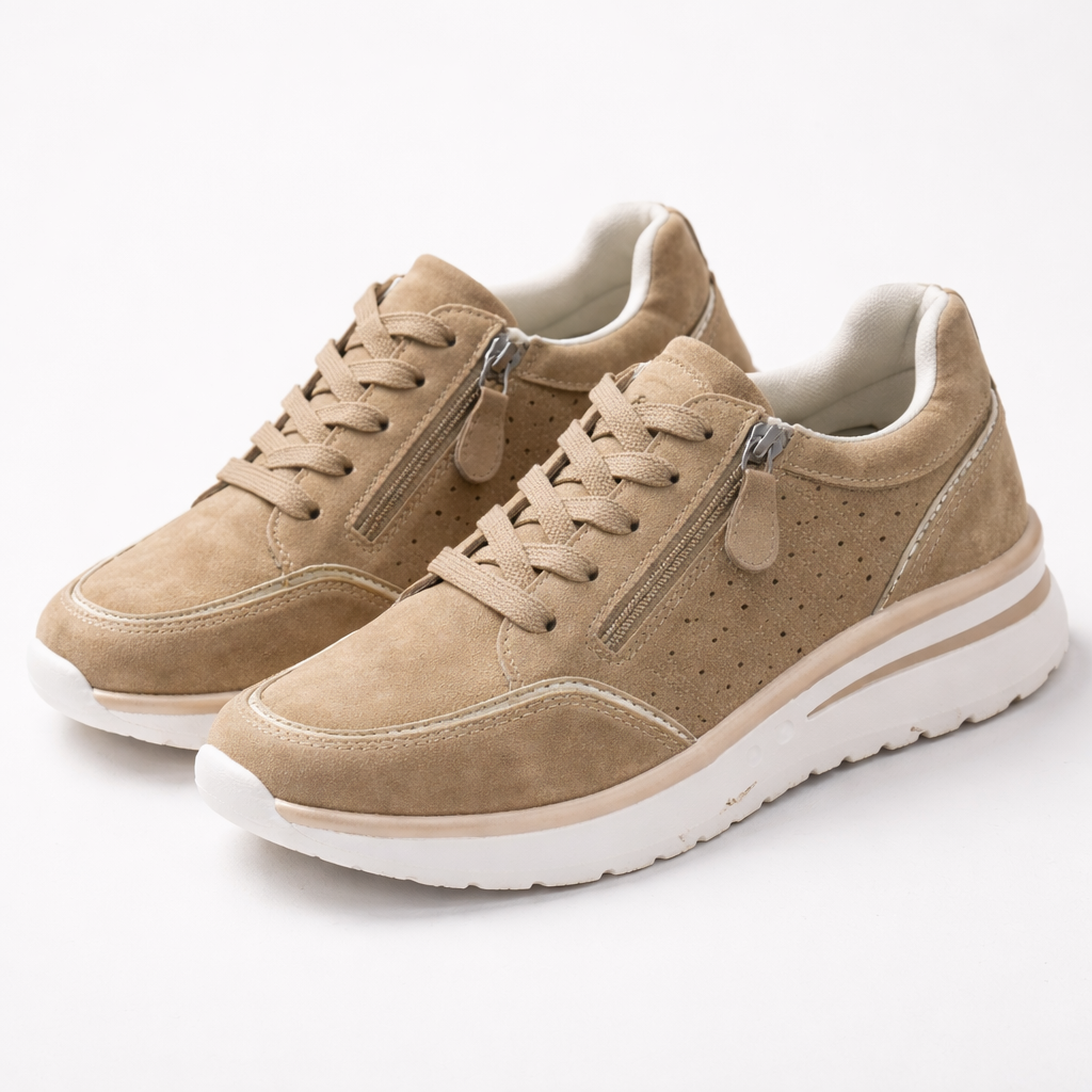 Beige dames orthopedische sneakers Nicole, comfortabel en lichtgewicht, ideaal voor wandelingen en dagelijks gebruik.