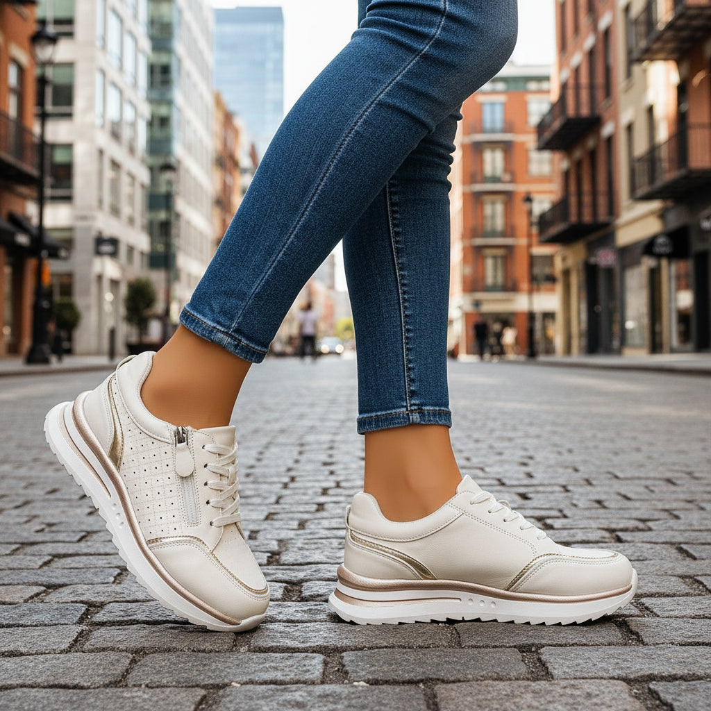 Zijaanzicht van de stijlvolle dames wandelschoenen Nicole in grijs, met sportief design en comfortabele pasvorm.