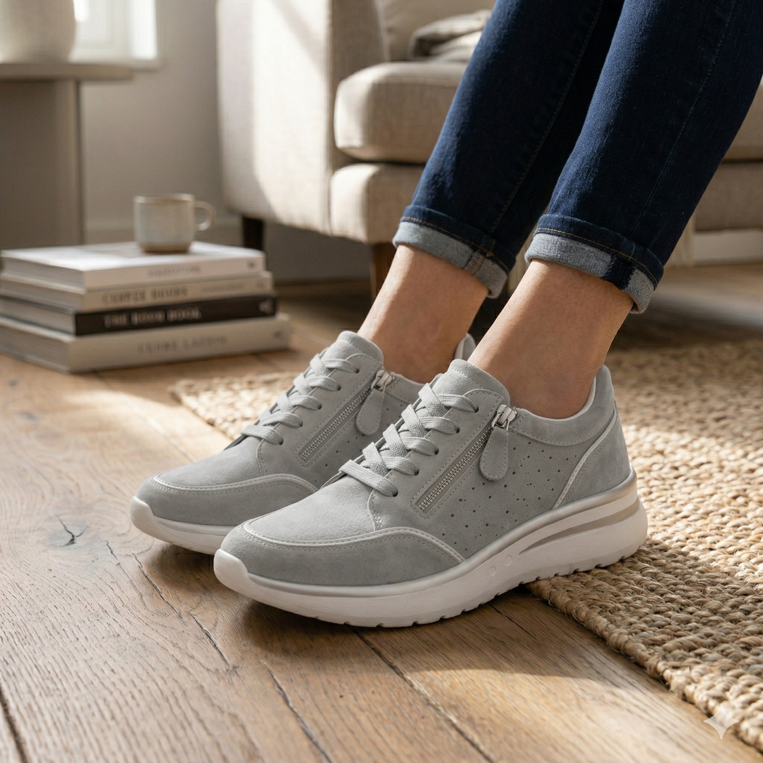 Dames draagt comfortabele crème orthopedische sneakers Nicole tijdens een wandeling, geniet van ondersteuning.