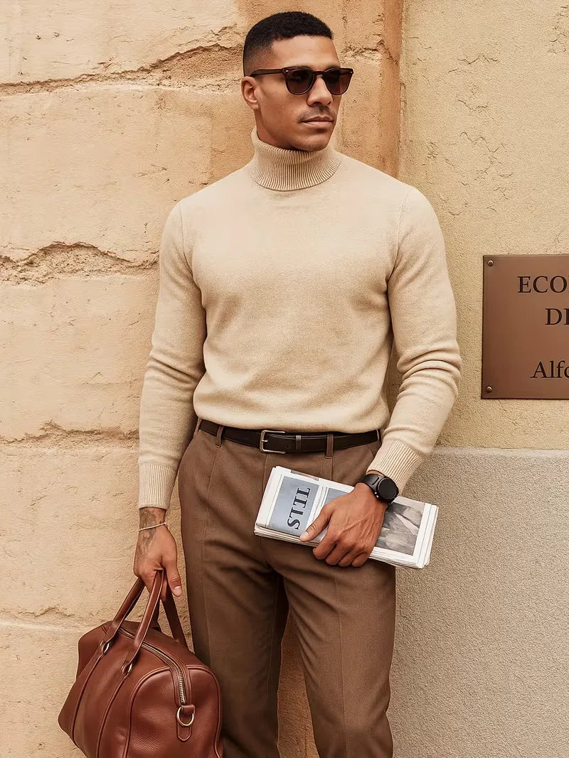Comfortabele beige heren coltrui, perfect voor dagelijkse mode en winter.