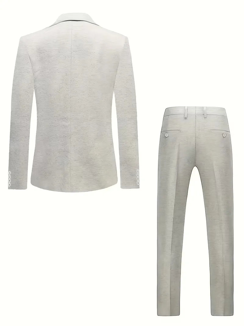 Stijlvol beige slim fit herenpak met blazer en broek, geschikt voor lente/zomer feesten en kantoor.