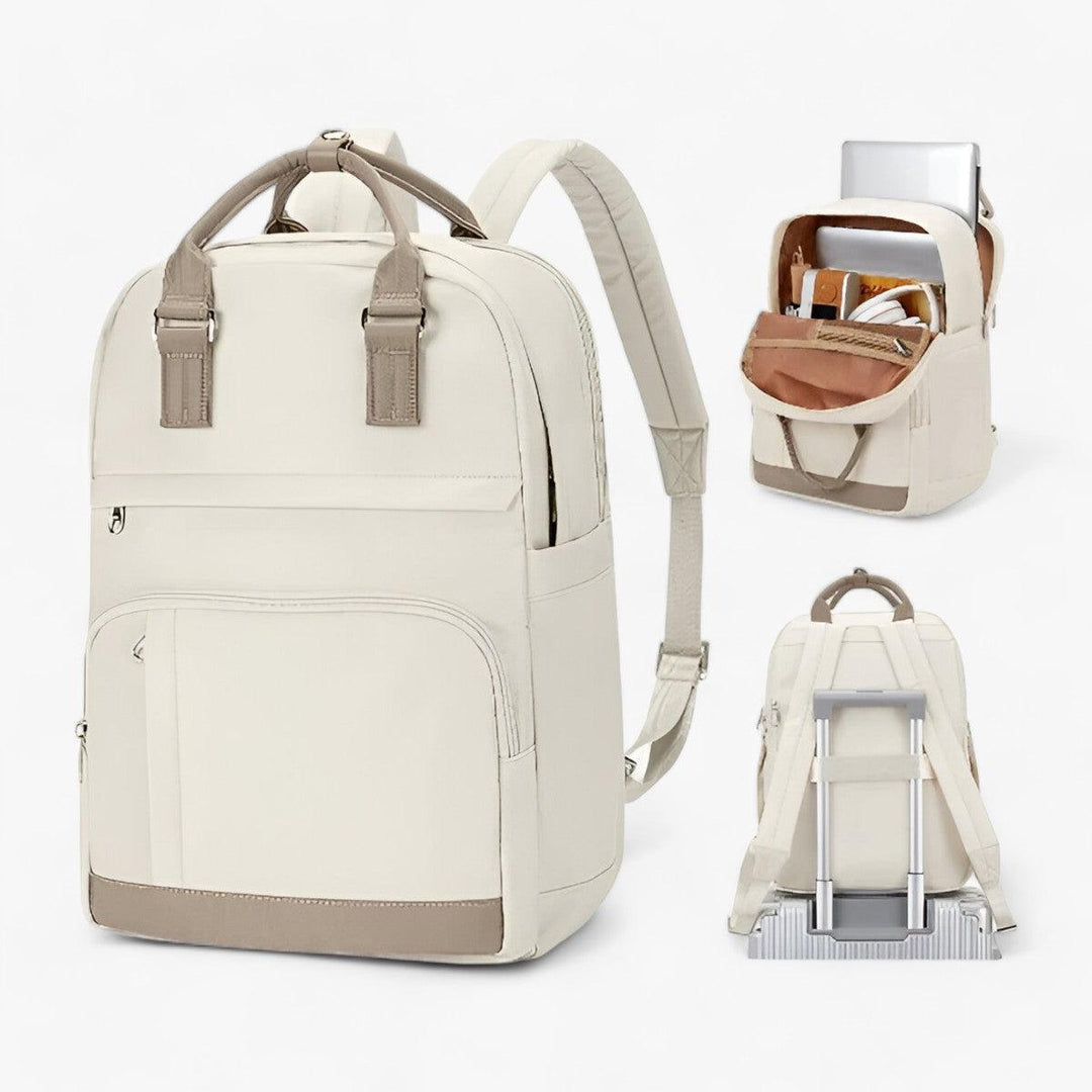 Stijlvolle beige unisex waterdichte rugzak 'Mira' voor stedelijk dagelijks gebruik; perfect als schooltas, werktas of reistas.
