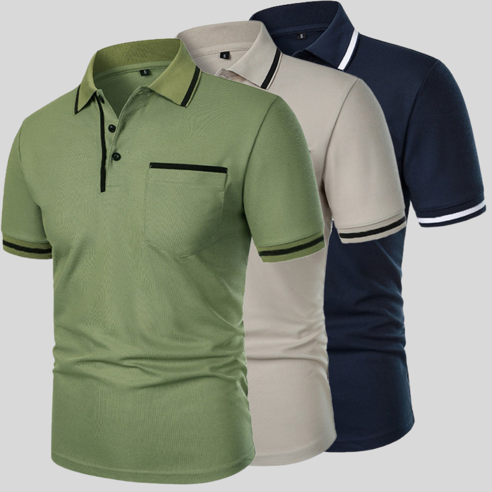 Close-up van de stof van een hoogwaardig herenpoloshirt met borstzak en korte mouwen.