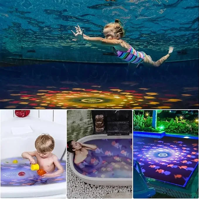 Betoverende Aqua Party Light™ met visvormige lichtprojecties voor magische bad- en zwembadervaring