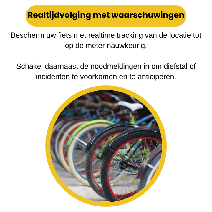 Smartphone scherm toont de BikeTrace app met realtime GPS fietslocatie op een kaart; eenvoudig je fiets volgen.