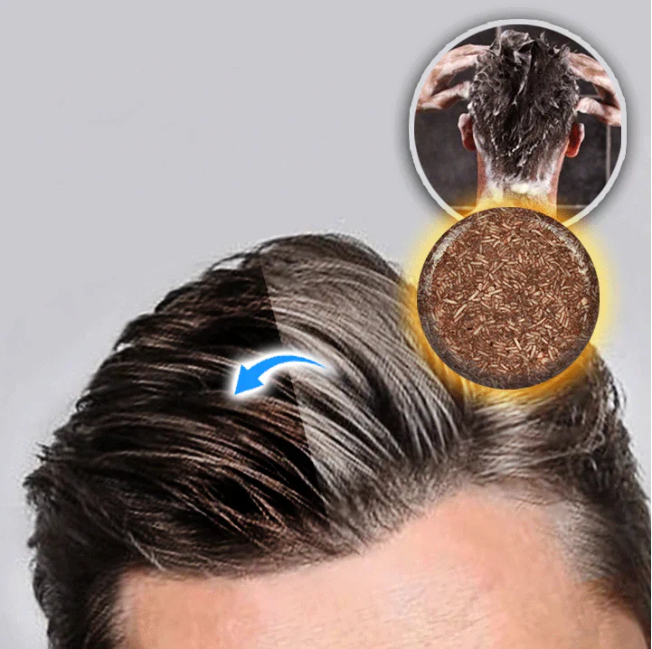 "Biologische haarverduistering shampoo; compacte bar, donkerder en voller haar, groene verpakking, natuurlijke haarverzorging