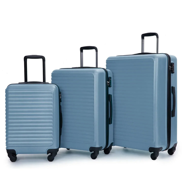 Drie stevige blauwe koffers met ABS hardshell, perfecte bagage voor elke reis.