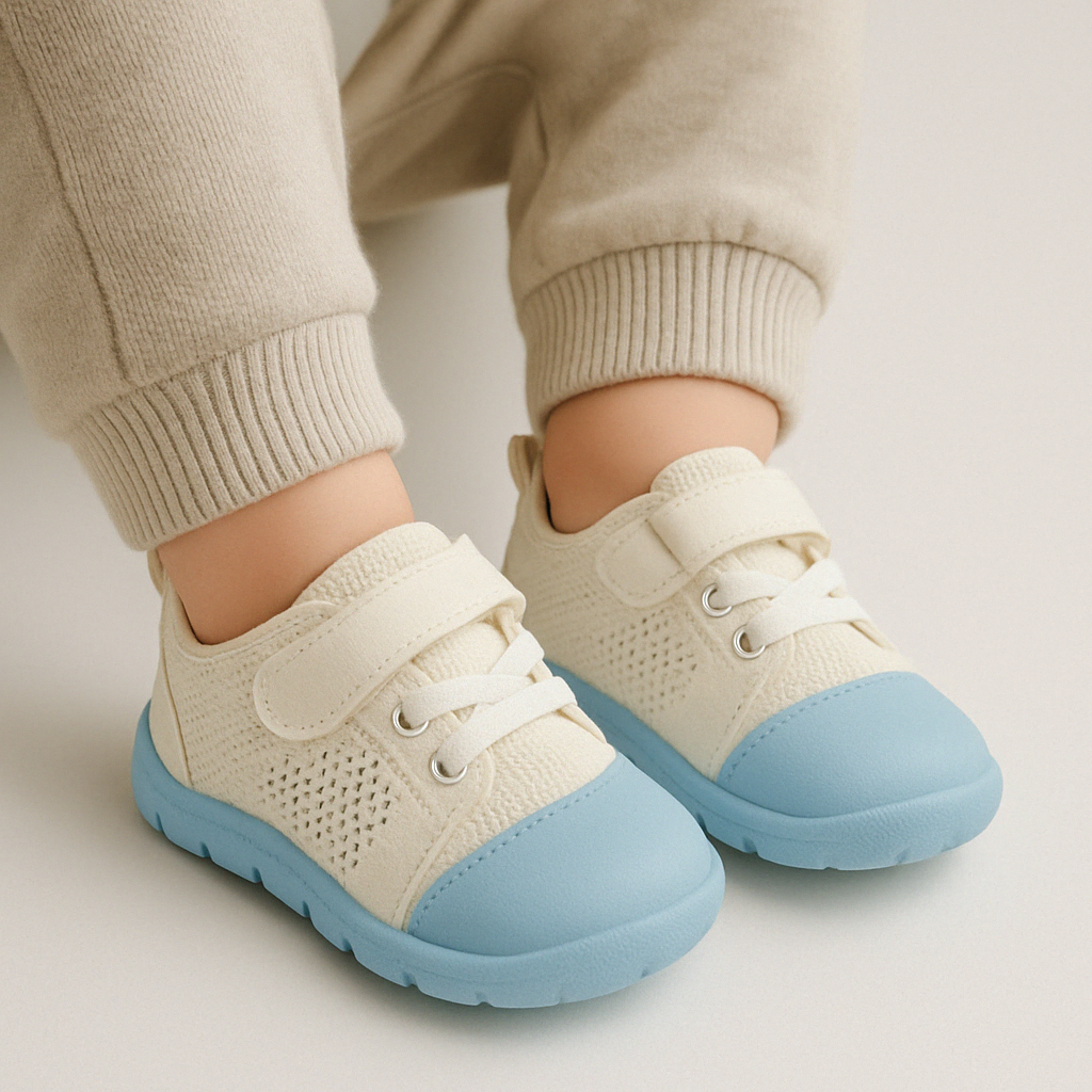 Blauwe babyschoenen, blotevoetengevoel, flexibel, ideaal voor eerste stapjes, op de grond.