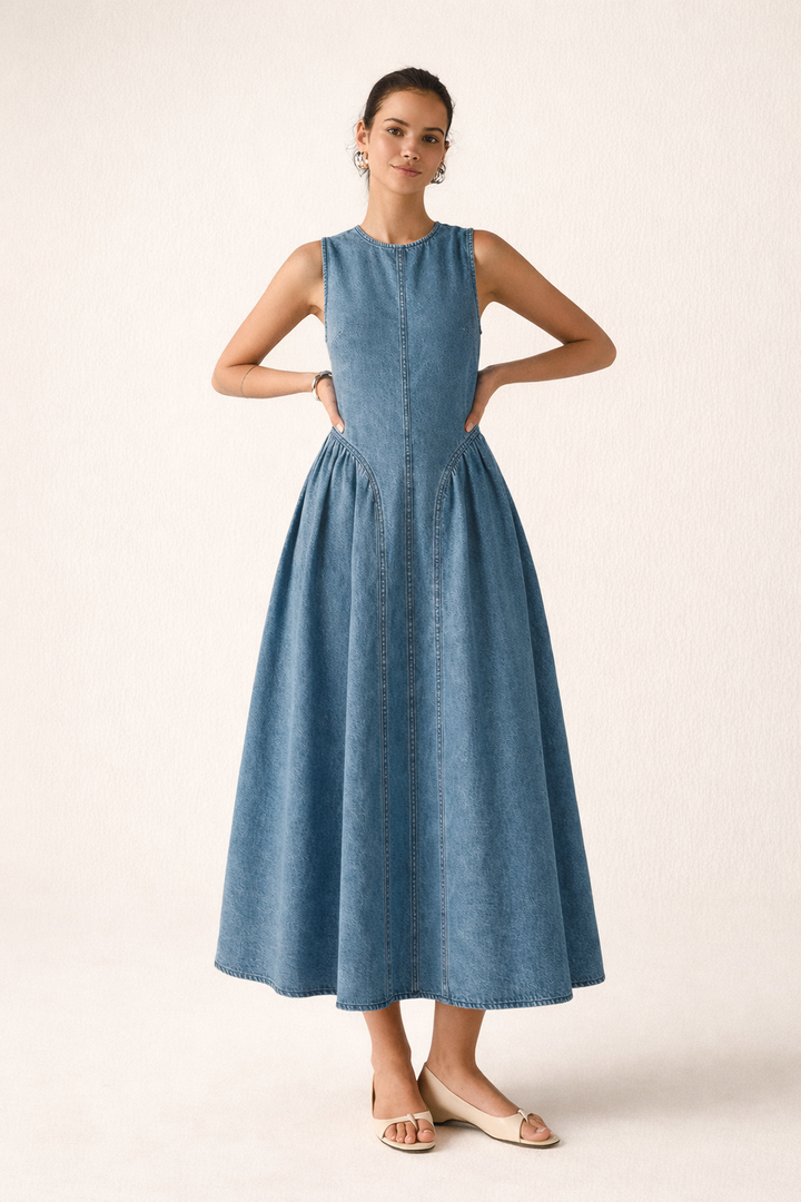 Blauwe casual dames midi zomerjurk, mouwloos en comfortabel, perfect voor ontspannen zomerdagen.