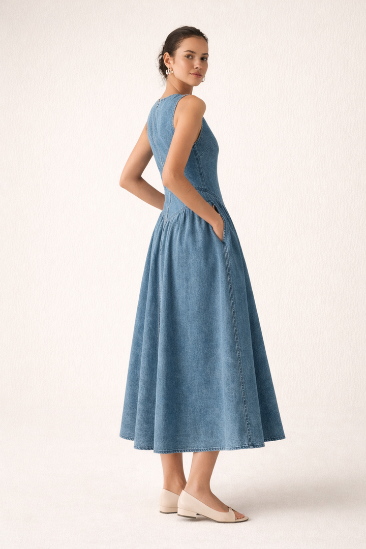 Zachte mouwloze midi dames zomerjurk in blauw. Casual comfort voor elke gelegenheid, veelzijdig design.