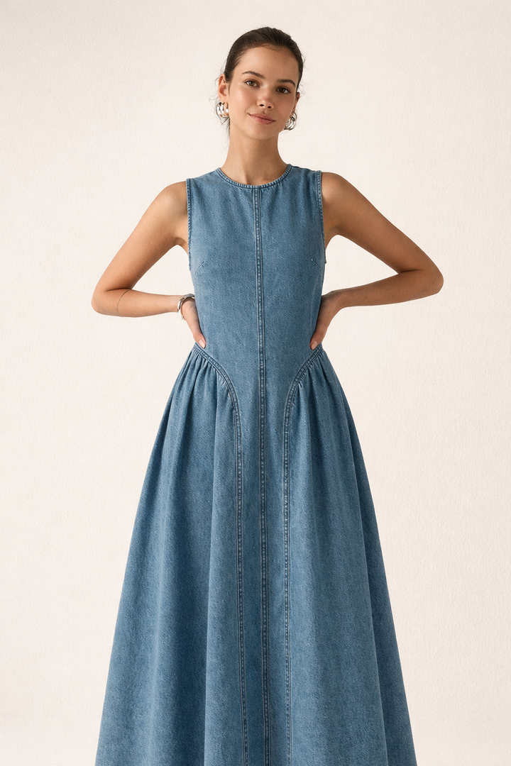 Mouwloze blauwe midi zomerjurk voor dames. Casual pasvorm biedt optimaal comfort op warme zomerdagen.