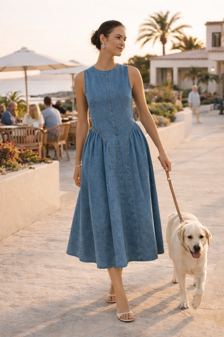 Comfortabele mouwloze midi zomerjurk voor dames. Blauwe casual jurk met baggy pasvorm, veelzijdig.