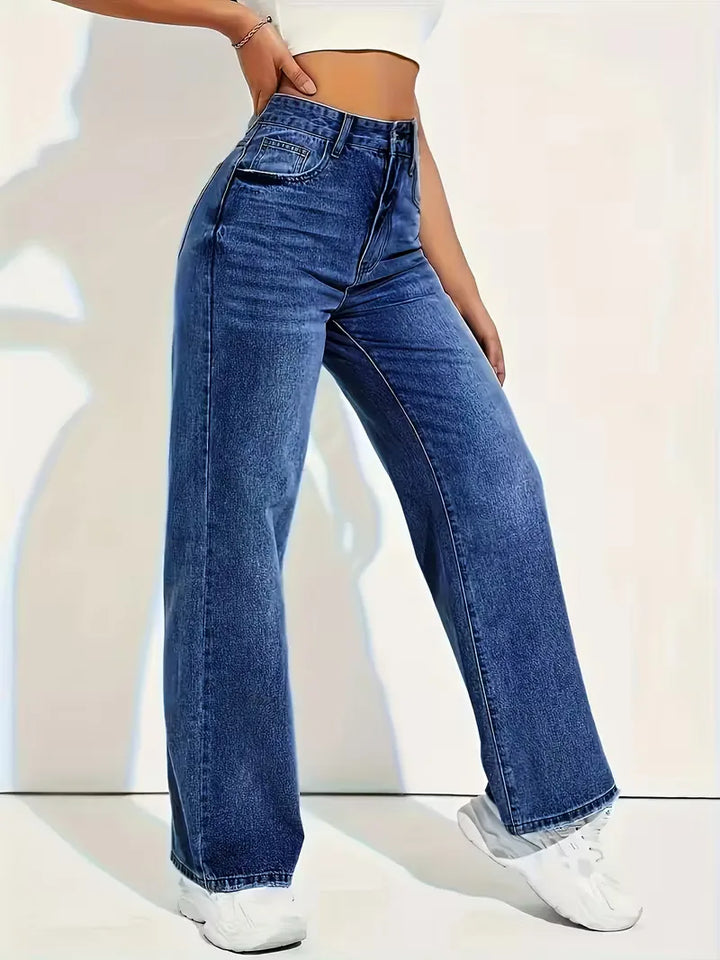 Trendy dames straight jeans, hoge taille, comfortabel en modieus. Perfecte blauwe vrijetijdsbroek.