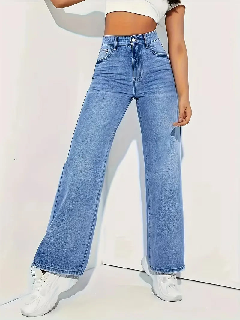 Comfortabele dames straight jeans met hoge taille, perfect voor een relaxte maar stijlvolle look.