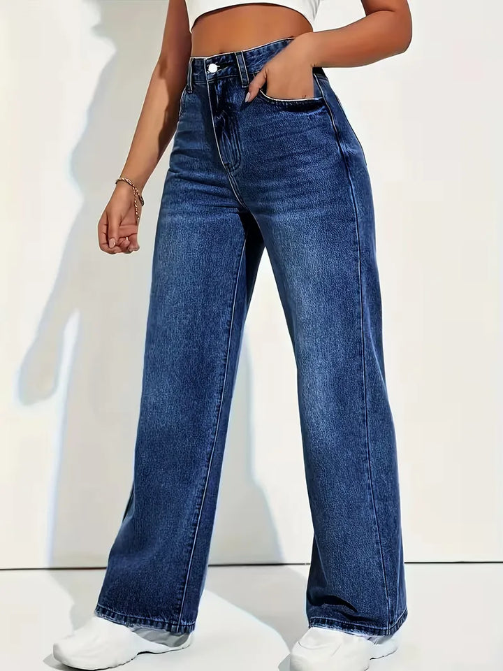 Klassieke blauwe straight jeans voor dames, met hoge taille voor een moderne en comfortabele stijl.
