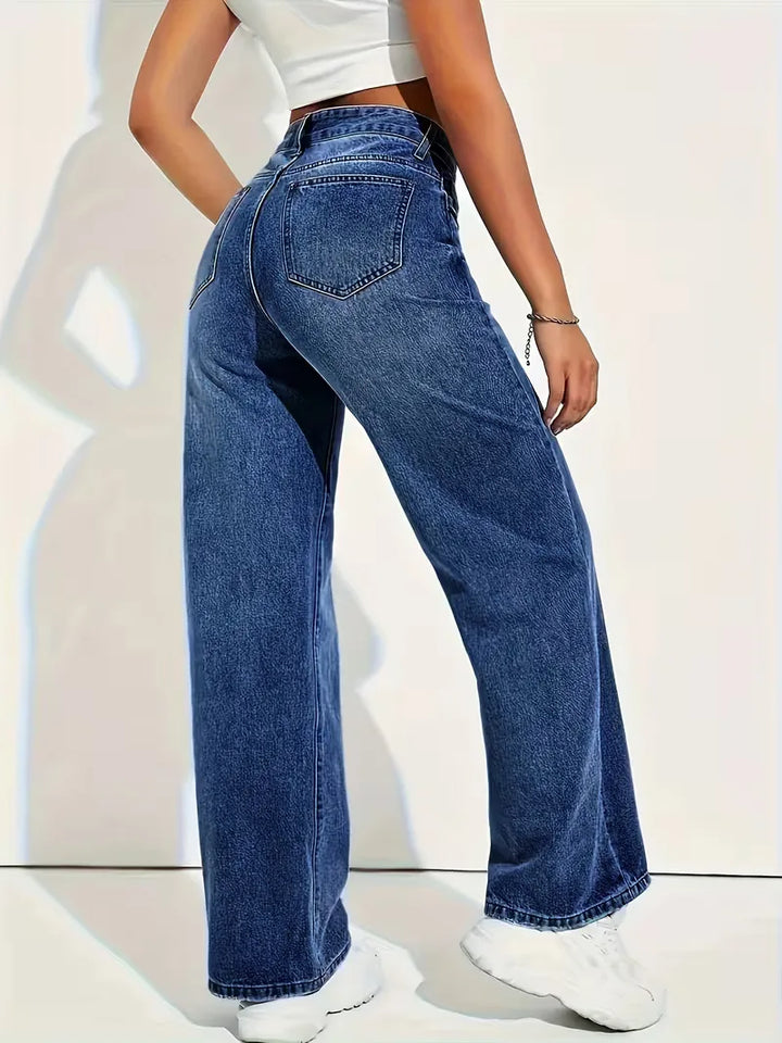 Dames straight jeans met hoge taille die comfortabel zit en een flatterende, modieuze pasvorm heeft.