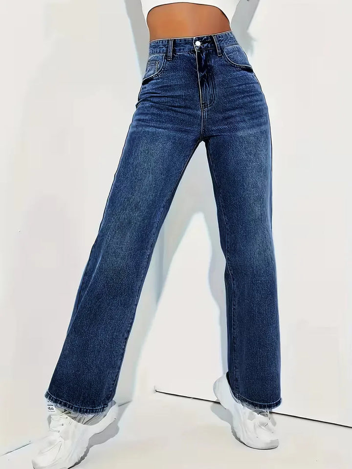 Elegante dames straight jeans met hoge taille in blauw, een veelzijdige en comfortabele keuze.