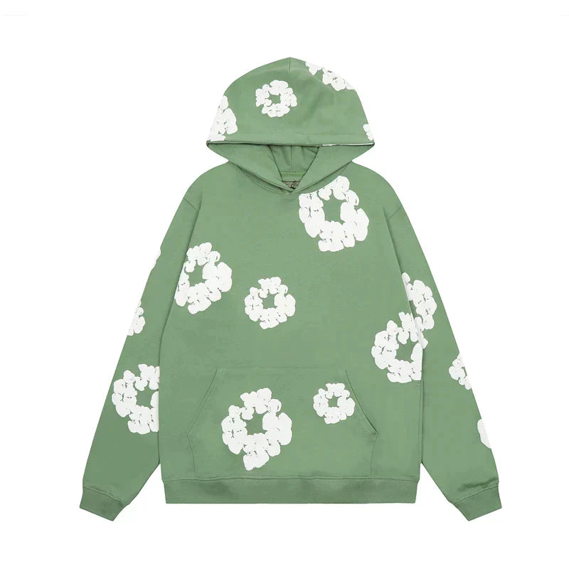 "Blauwe denim hoodie met bloemenprint en capuchon, trendy en comfortabel voor heren in de winter."