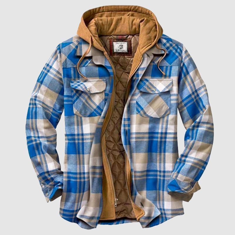 Blauwe geruite heren houthakkersblouse met capuchon, tweelaags tussenjas voor casual outdoor en herfst.