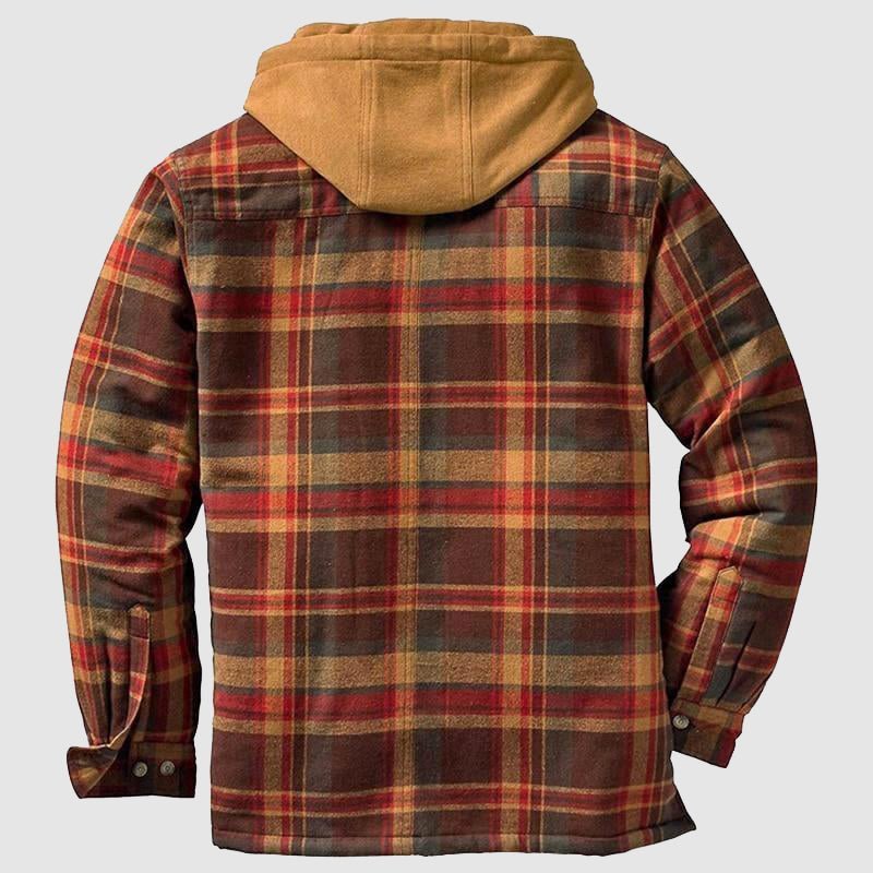 Oranje geruite tweelaags heren houthakkersblouse met capuchon, perfect als tussenjas voor herfst en winter.
