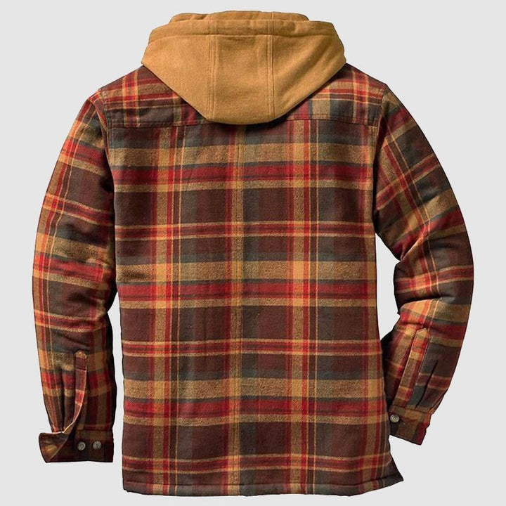 Oranje geruite tweelaags heren houthakkersblouse met capuchon, perfect als tussenjas voor herfst en winter.