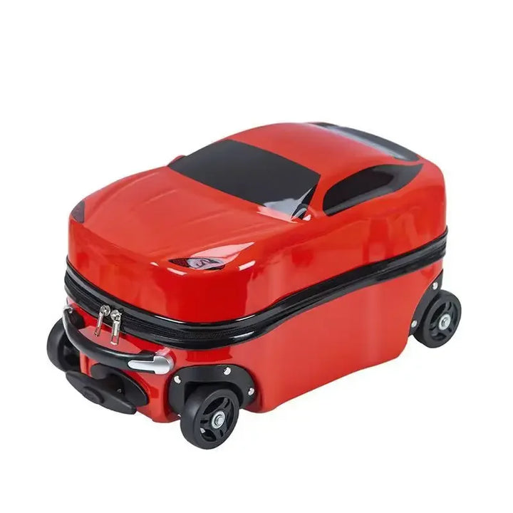 Blauwe hardcase kinderkoffer met 3D auto design, ideaal als handbagage voor jonge reizigers.