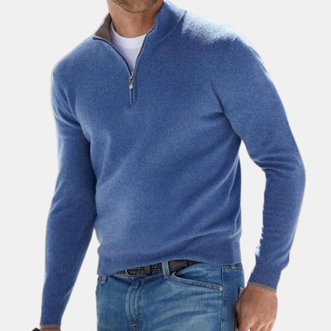Blauwe heren trui met halve rits, comfortabele casual pullover voor mannen, tijdloze herenkleding